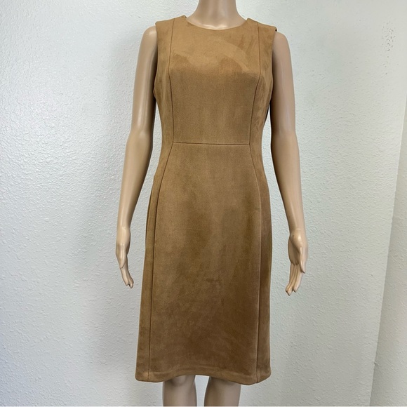 CALVIN KLEIN Faux Suede Sheath Dress Coffee Latte Sz8 Corpcore business casual - Picture 2 of 11